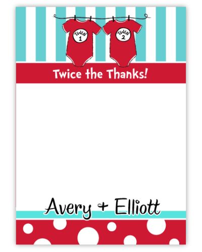 Twin Boys Dr. Seuss Onesies Baby Shower Thank You Note Card