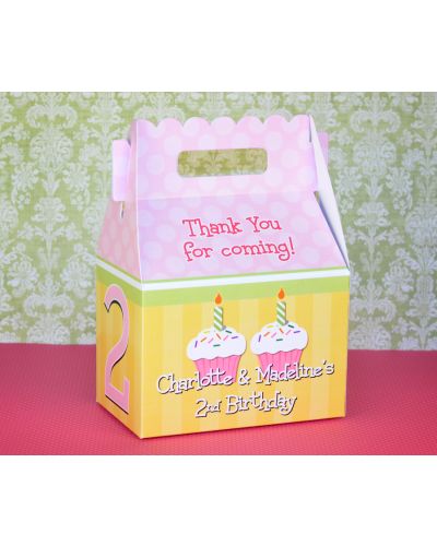Twin Girls Birthday Cupcakes Personalized Gable Box Party Favor