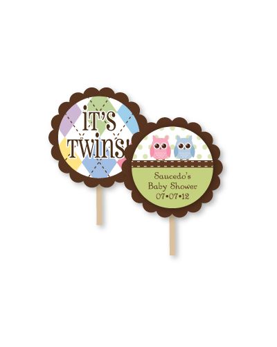 WHOO Loves Baby Owl Theme Personalized Twins Baby Shower Cupcake Topper Picks