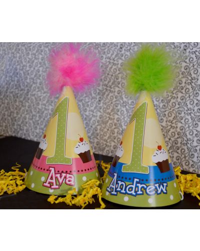 First Birthday Dots with Cupcakes Personalized Party Hats for Twins