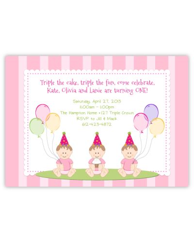 Sweet Babies on Stripes Girl Triplets Birthday Invitation