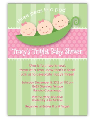 Three Peas in a Pod Triplet Girls Baby Shower Invitation