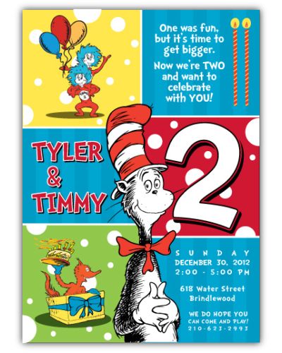 Dr. Seuss Cat in the Hat Twins Birthday Invitation