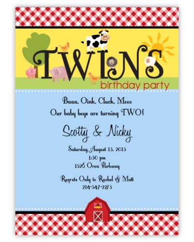 Fanciful Farm Twin Boys Birthday Invitation