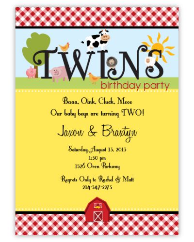 Fanciful Farm Girl-Boy Twins Birthday Invitation