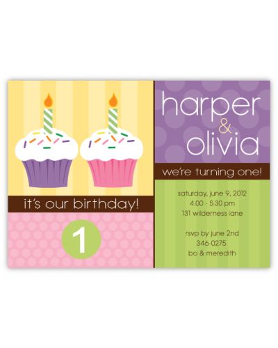 Cupcakes Side by Side Twin Girls Birthday Invitation