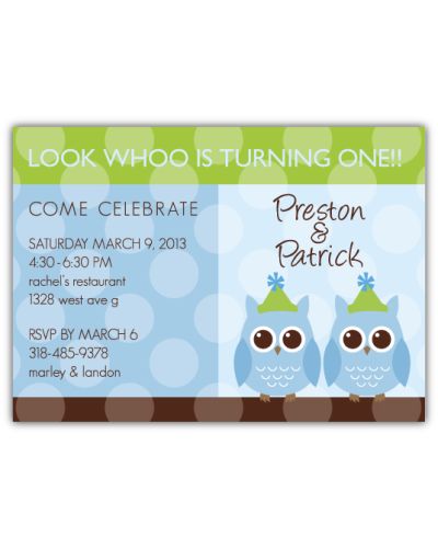 Party Anim-OWLS Boy Twins Birthday Invitation