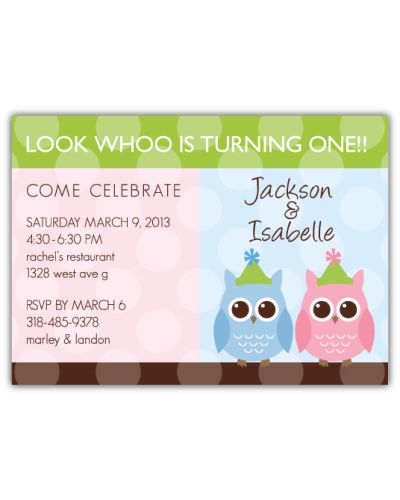 Party Anim-OWLS Girl-Boy Twins Birthday Invitation