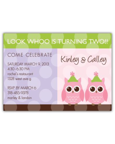 Party Anim-OWLS Girl Twins Birthday Invitation