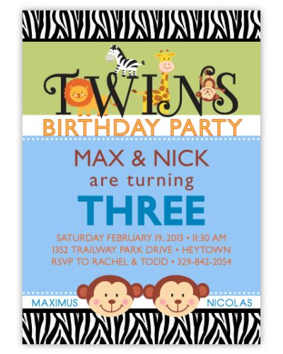 Splendid Safari Twin Boys Birthday Invitation
