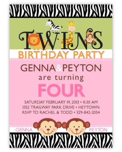 Splendid Safari Twin Girls Birthday Invitation