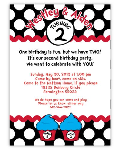 Seuss Spots Black Twins Birthday Invitation