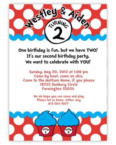 Seuss Spots Red Twins Birthday Invitation