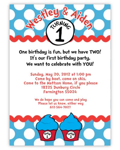 Seuss Spots Blue Twins Birthday Invitation