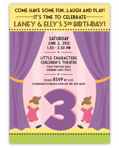 At the Theater Twin Girls Birthday Invitation