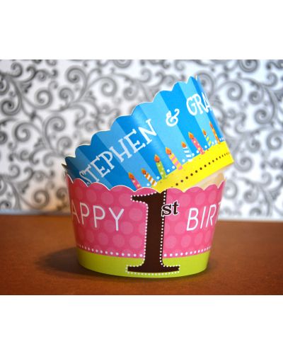 Twins First Birthday Collage Personalized Cupcake Wrappers / Covers
