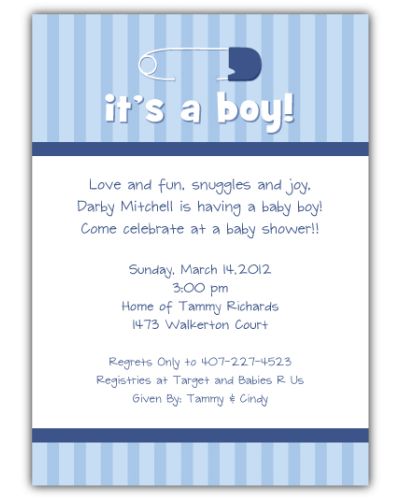 Diaper Pin on Stripes Boy Baby Shower Invitation