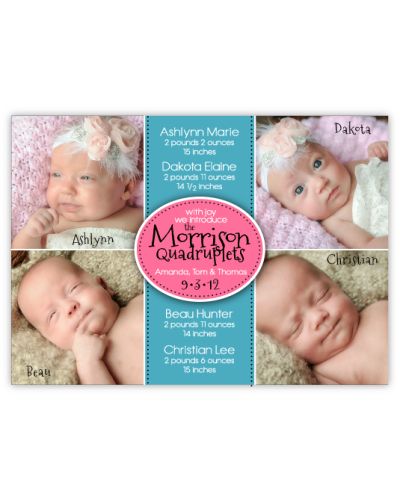 Four Corners for Cuties Playtime Quadruplets Photo Birth Announcement