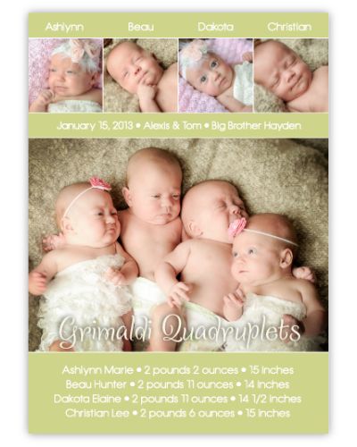 Table for Four Soft & Sweet Quadruplets Photo Birth Announcement