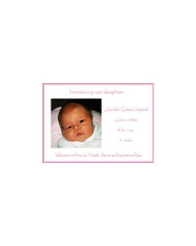 Pink Border HZ Girl Photo Birth Announcement