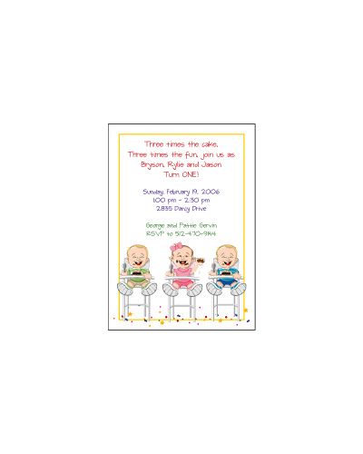 Triplets Cartoon Kids-1 B&G Birthday Invitation