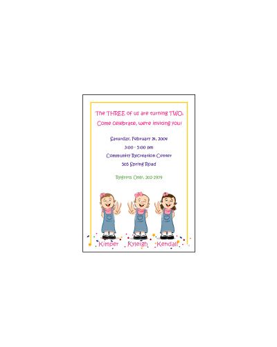 Triplets Cartoon Kids-2 GGG Birthday Invitation