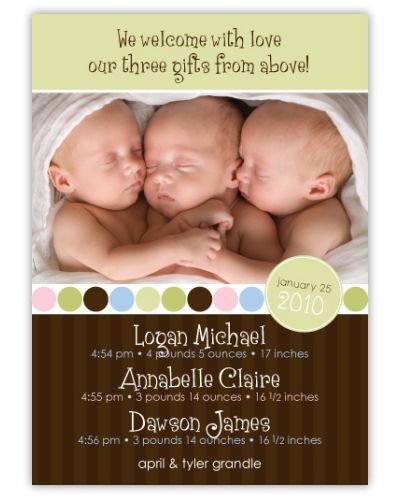 Absolutely Precious Triplets Photo Birth Announcement
