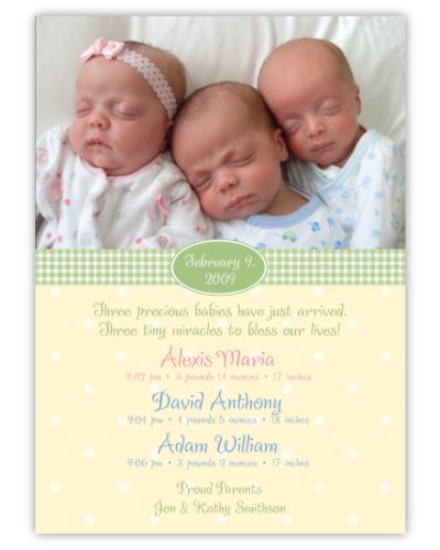 Adorable Dots B&G Photo Triplet Birth Announcement