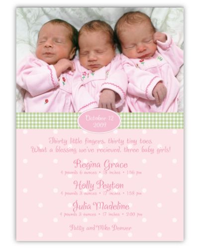 Adorable Dots GGG Photo Triplet Birth Announcement