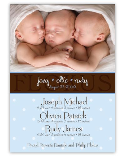 Chic Chocolate Photo Triplet Boys Birth Announcement