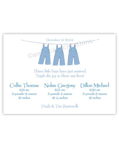 Clothesline Boy Triplet Birth Announcement
