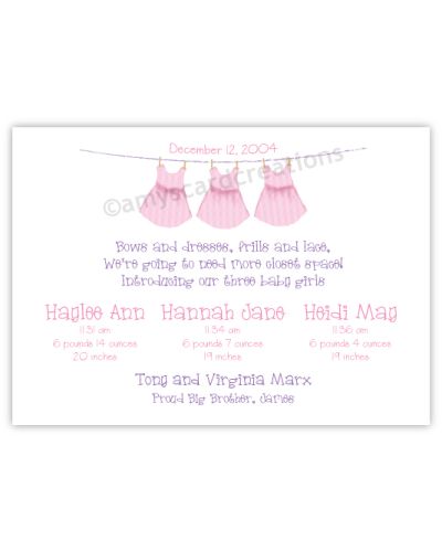 Clothesline Girl Triplet Birth Announcement
