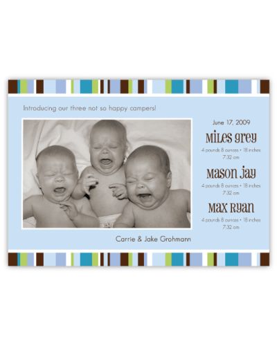 Cool Blue Stripes Triplets Photo Birth Annoucement
