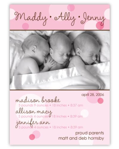 Delicious Dots Girl Triplet Birth Announcement