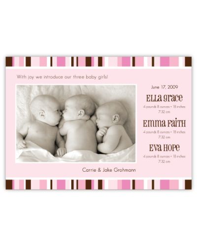 Pretty In Pink Stripes Triplets Birth Announcement