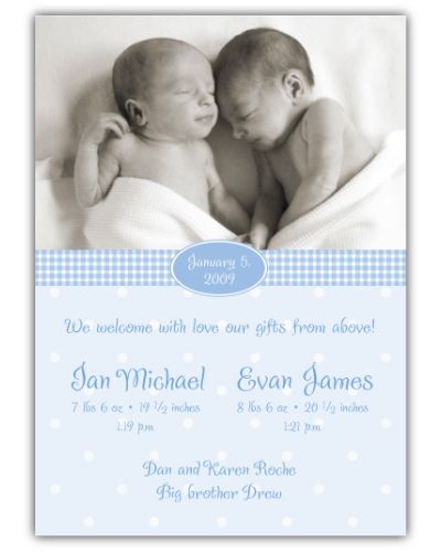 Adorable Dots Vertical Twin Boys Photo Birth Announcement