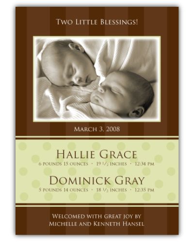 Chocolate Serenity Girl-Boy Twins Photo Birth Announcement