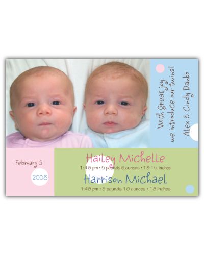 Dots on Blocks Girl-Boy Twins Photo Birth Announcement