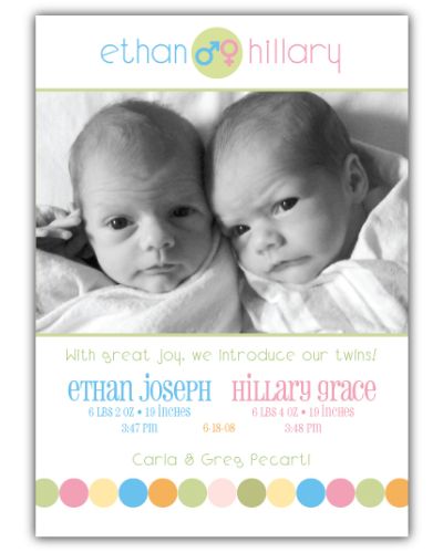 Gender Dot Girl-Boy Twins Photo Birth Announcement