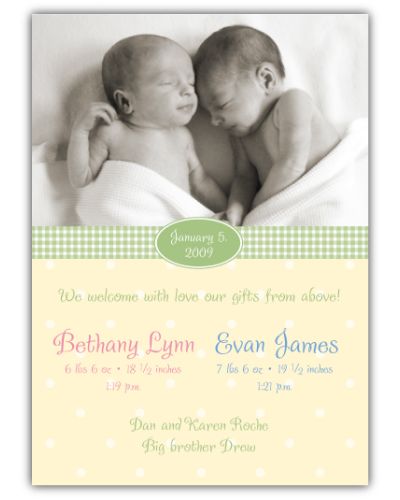Adorable Dots Vertical Girl-Boy Twins Photo Birth Announcement