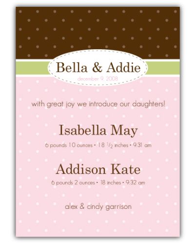 Charming Chocolate Twin Girls Birth Announcement