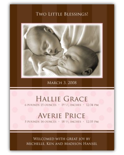 Chocolate Serenity Twin Girls Photo Birth Announcement