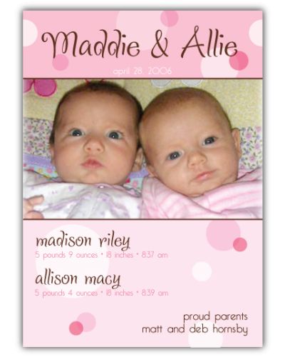 Delicious Dots Twin Girls Photo Birth Announcement
