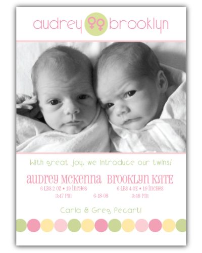 Gender Dot Twin Girls Photo Birth Announcement