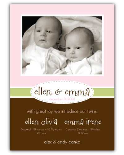 Stylish Stitches Twin Girls Photo Birth Announcement