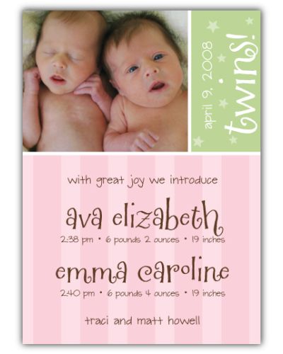 Sweet Joy Twin Girls Photo Birth Announcement