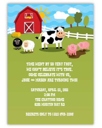 Barnyard Farm Fun Twins Birthday Invitation