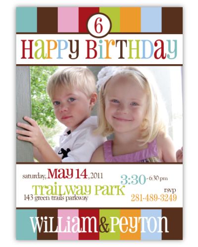 Bright Stripes Twins Photo Birthday Invitation