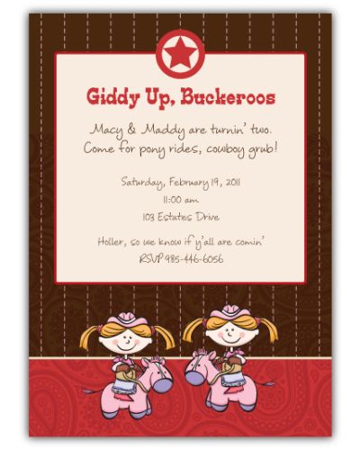 Buckeroo Western Girl Twins Birthday Invitation
