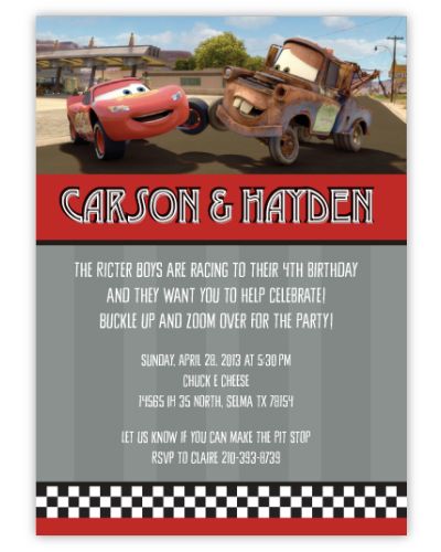 Cars Lighting McQueen & Mater Stripe Twins Birthday Invitation